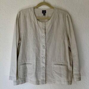 Eileen Fisher 100% Irish Linen Blazer Jacket Large Beige Cream Lagenlook Summer